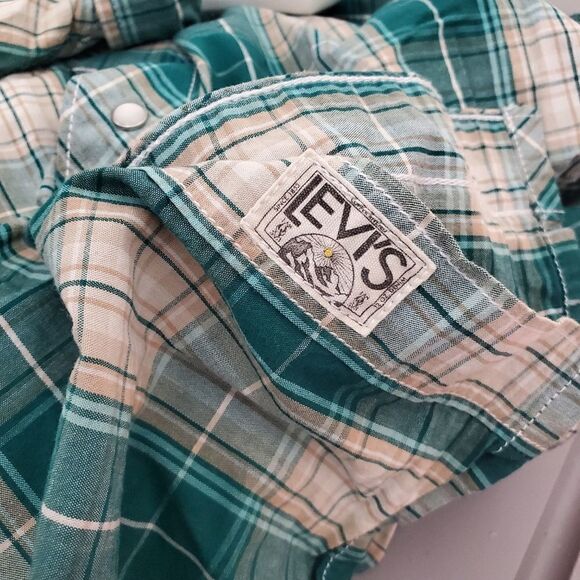 Preowned levis woven plaid button down Shirt size Xl color green/Beige - Picture 10 of 14